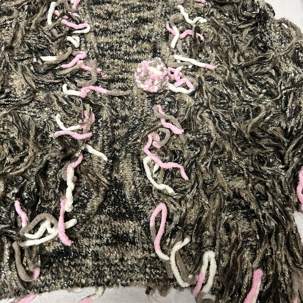 I.N.C Shaggy‎ Funky Knit Short Sweater Open Front Neutral Colors Pink Accents - Picture 3 of 12